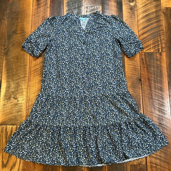 Draper James Navy Blue Yellow Floral Ruffle Hem Short Sleeve Dress Size M - Picture 2 of 7